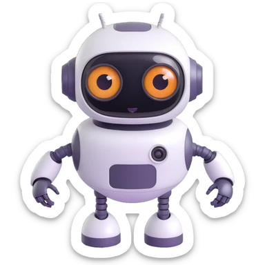 Friendly robot with big expressive eyes — round head, glossy finish, slightly clumsy but charming (think Wall-E meets Baymax). sticker