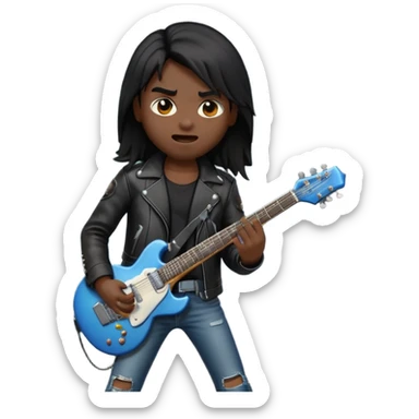 3D Apple-style emoji of a metal musician. Long hair, black leather jacket, ripped jeans, holding an electric guitar. Intense expression, glossy, rounded, smooth, soft shadows, white background.










 sticker