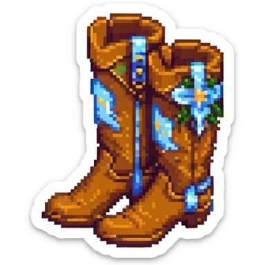 pixel art cowboy boots, retro video game style, small size, brown and tan colors sticker