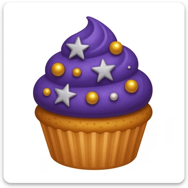 Add silver stars and a tiny edible pearl to the cupcake with purple frosting and gold pearls in emoji style. sticker