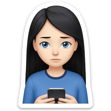 Cartoon emoji of a girl with long, straight black hair, fair skin, gentle blue eyes. Wearing a navy top, looking miserable and stressed, scrolling on her phone or watching TikTok. Smooth, simple, stylized. sticker