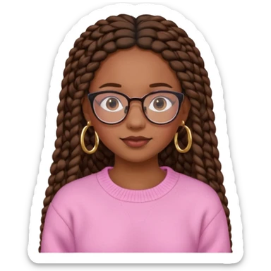 cute  black adult girl with glasses and braids that are long which are brown, and some blush on her cheeks , in a pink sweater and some gold hoop earings . sticker