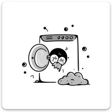 washing machine with bubbles and clothes peeking out, doodle style sticker
