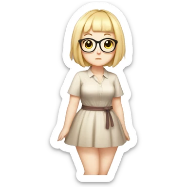 Chubby anime girl with glasses and short blond hair, full body wearing cute dress sticker