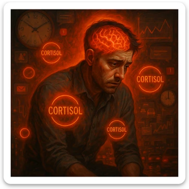 symbolic surrealism, semi-realistic; man in his 30s, tired eyes, tense muscles, hunched, surrounded by glowing 'Cortisol' symbols, reddish-orange aura; chaotic background (clocks, notifications, traffic, charts); brain visible with red-orange neural activity; moody lighting, detailed face sticker