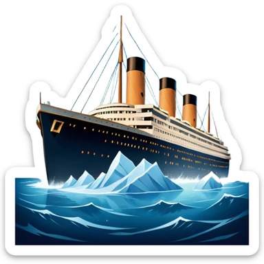 Icon for Titanic Movie: A vintage movie poster-style design featuring a dramatic scene of the ship, the iceberg, and a romantic silhouette of the main couple. Include elements like the ship’s bow, water splashes, and a starry sky in the background. Retro cinematic feel. Transparent background. sticker