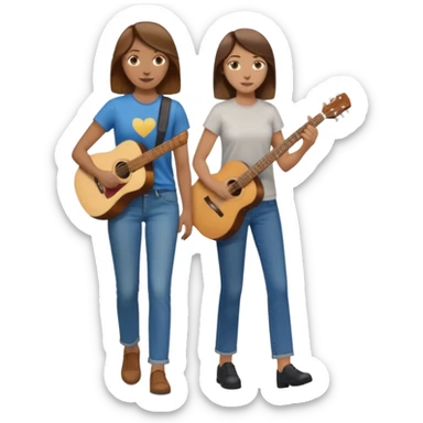 based on emoji style, like this "💁🏻‍♀️" "💁🏽‍♂️" "💁🏻", two people walking together. one is brown-haired woman, wearing business casual, holding a guitar. Another one is a non-binary person, wearing t shirt and jeans, and the second person doesn't have anything on their hands. sticker