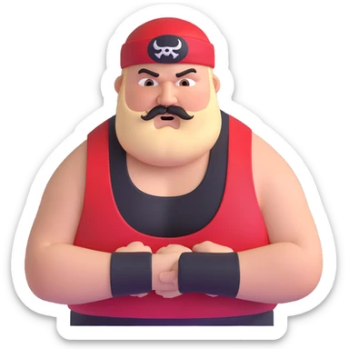 Close-up of extremely fat white skin guy with young face, beard and mustache, no muscle with prominent black durag, black eyes in a red and black wrestling singlet with angry face sticker