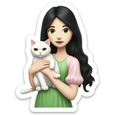 girl with pale skin, very long dark black hair and green eyes and light pink outfit hugging a white fluffy scottish cat sticker