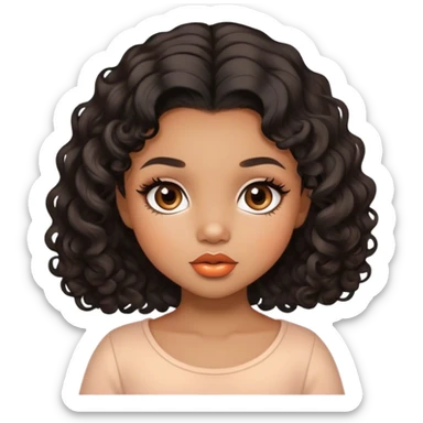 Glamourous, light brown skin tone, very beautiful toddler, with big plump peach-beige lips, long long lashes, black curly smooth short hair, straight parting hair, brown eyes sticker