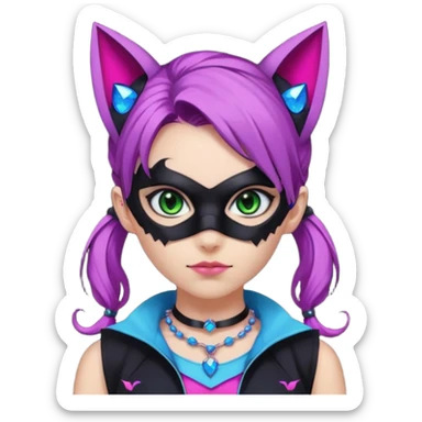 Girl with green eyes, wearing a bat mask with pink stones, and her hair tied in a ponytail, the hair is purple, blue, and pink streaks, with black cat ears with pink stones, wearing a black shirt that covers the neck, and a sleeveless blue jacket, and a necklace of pink stones sticker