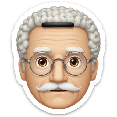 An elderly man emoji with light skin, fluffy curly white hair, thick white eyebrows, brown eyes behind black-framed glasses, a small nose, and neatly groomed white facial hair — a mustache and a short goatee. sticker