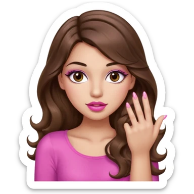 girl with long wavy brown hair, brown eyes, light to medium complexion, in a pink sexy top, pink lips, long lashes, puckered lips, showing my manicure one hand sticker