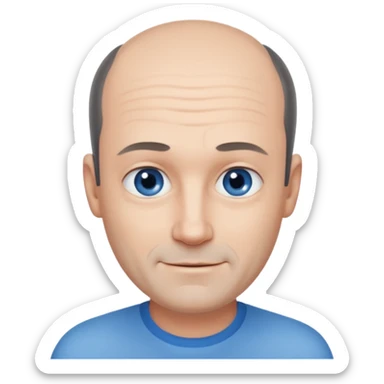 Middle aged man with black-greyish receding hairline, small blue eyes, clear face, shy smile sticker