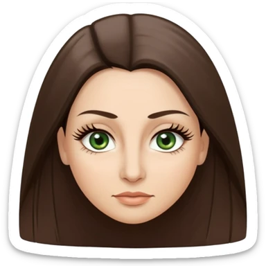 40 year old Adult woman avatar, light skin tone, oval face, long straight ashy brown hair, green almond-shaped eyes with dramatic eyelashes and minimal eyeliner, neutral mouth, medium straight eyebrows, small nose, smooth skin sticker