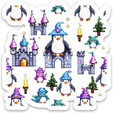 penguin wizard with magical sparkles, a unicorn, fairy, and tiny goblin companion in a pixelated fantasy world with a castle sticker
