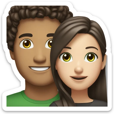 Hispanic male with black curly hair and brown eyes smiling next to white female with straight brown hair and green eyes sticker