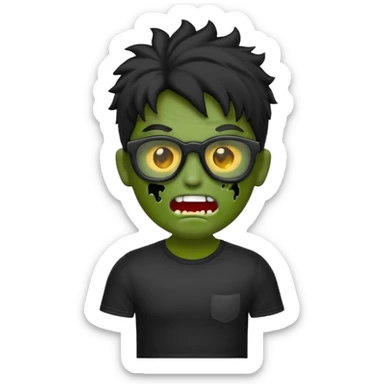 Crie um zumbi estilo emoji do iPhone com cabelo ondulado masculino com camiseta preta e óculos de grau preto sticker