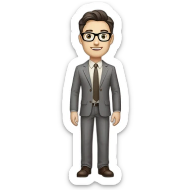 Full height Pale skinned Fit Man With dark brown hair in classic gray suit, beige office shirt, dark gray tie, and vintage glasses. His hands lock sticker