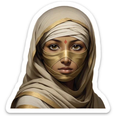 Regal and timeless, fully wrapped in meticulously aged bandages, even its face veiled in layers of ancient cloth with only faint glimpses of deep, solemn eyes peering through, adorned with faded gold accents, exuding an air of forgotten majesty and solemn duty, highly detailed, softly glowing, evoking the dignified mystery of an eternal guardian watching over lost secrets! sticker
