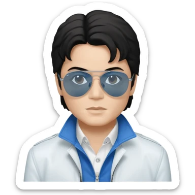 Michael Jackson is white, wearing completely black smokey Ray-Ban glasses, a white jacket, and a blue shirt. sticker