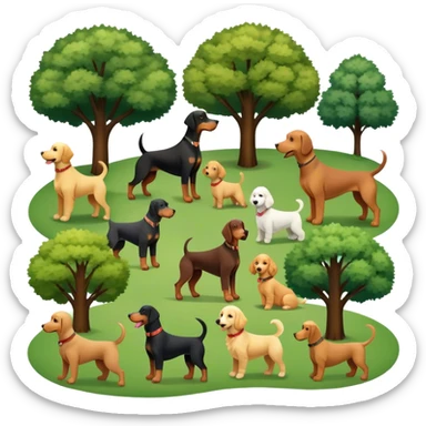 Collage of various dog breeds like Doberman, Poodle, Dachshund, and Golden Retriever, playing in a park with trees and grass. Some dogs run, others sit, all are full of energy and happiness. A joyful, colorful scene with playful expressions. Transparent background. sticker