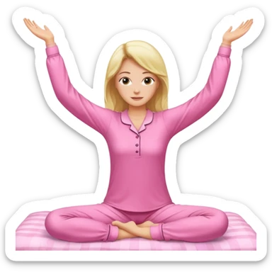 {
      "type": "human",
      "look": "pink pyjama lady, long sleeves, stretching arms",
      "description": "a woman in pink pyjamas stretching her arms after waking up"
    } sticker