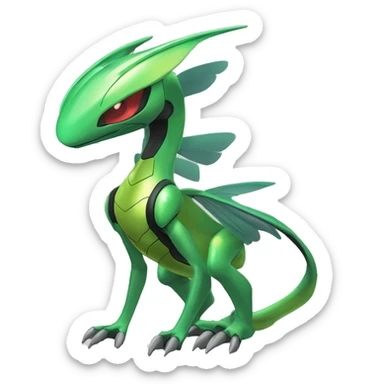 a shiny Genesect-Flygon-Raptor-Fakémon—hybrid with a futuristic visor-helmet full body sticker