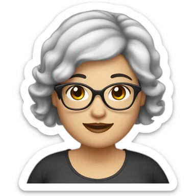 A chubby white young woman with black hair glasses and smiling sticker