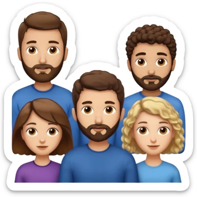 Gars cheveux bruns courts et barbe très courte, un gars avec cheveux bruns courts et barbe très courte, 1 fille cheveux bruns longs frisés, 1 fille cheveux longs blonds plats sticker