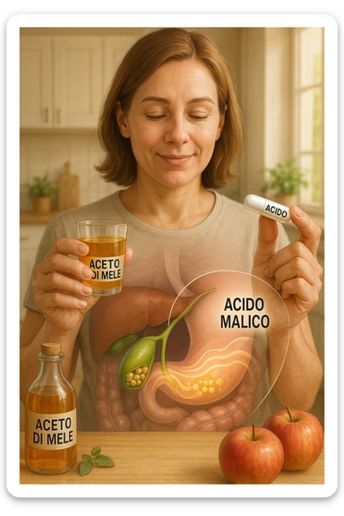 A detailed, realistic illustration or photo-style image showing a person holding a small glass of apple cider vinegar in one hand and a capsule labeled ‘Acido Malico’ in the other. In the foreground or as an overlay, a semi-transparent anatomical view of the abdomen highlights the gallbladder with visible small gallstones inside. Around the gallstones, gentle glowing waves or soft dissolving effects symbolize the softening or breakdown of the stones due to the natural acids. The person looks hopeful and calm, in a bright kitchen setting with fresh apples and natural health products on the counter. The overall mood is informative, natural, and hopeful about non-invasive, natural support for gallstone health in italiano sticker