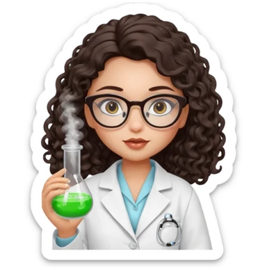 realistic bratz doll with long loose curly dark brown hair, glasses that are round cat eye vibes, in a lab coat mixing beakers that glow sticker