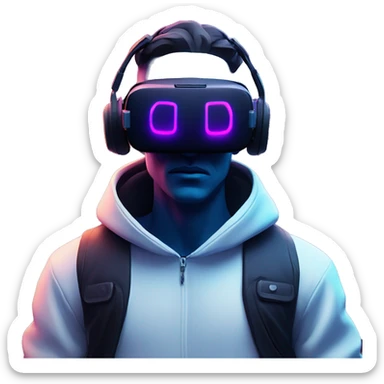 Cyberpunk style. blue neon. White skin man in the black hoody with violet OMG VR logo on it. Man in vr headset oculus quest 2 sticker