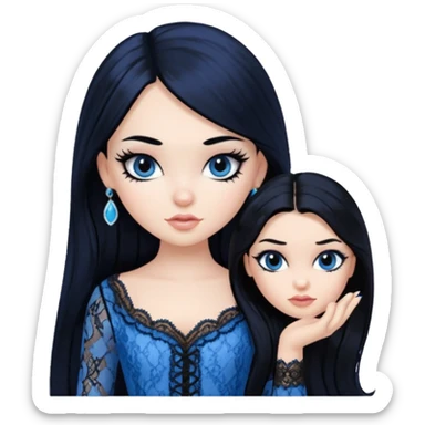 black hair, pretty, BLACK long black hair, pale skin, eyeliner, blue lace clothes, bratz baddie sticker
