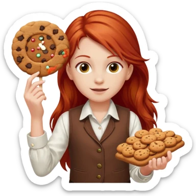 white girl scout with red long hair selling cookies with a brown vest and white shirt under vest. She should be around 10 years old sticker