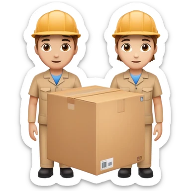 two suppliers standing together holding a big box, both wearing caps and work uniforms sticker