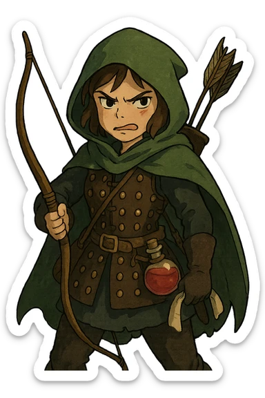 A female rouge , colored hood, wearing brigandine armor with, bow and arrow at the ready, night time shadows, tool belt with red potion and bandages, mischievous frown,  anger sticker