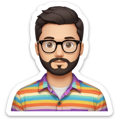 a 30-year-old man with light skin, medium solid build, wide face, soft cheeks, rounded jawline, neutral relaxed expression, short dense full beard, wavy voluminous brown-black hair at the front, large rectangular black thick frame glasses, colorful button-up shirt open showing white t-shirt sticker