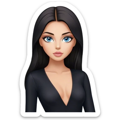 Glamours, tanned, beautiful, girl, with blue eyes, big pump peach-beige-rose lips, eyeliner, long lashes, black straight smooth silky long hair, parting hair in the middle,  in black v-neck bodysuit long sleeves sticker