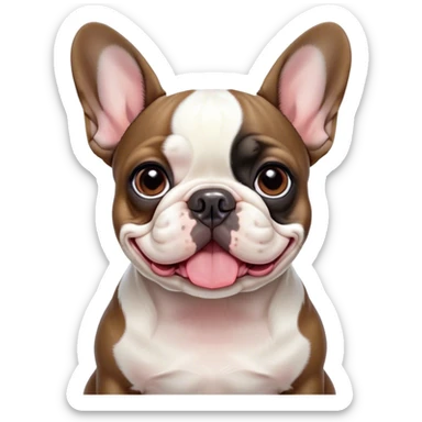Cinematic Cute Pied French Bulldog Portrait Emoji, Head tilted with a sweet, mischievous grin and large, inviting eyes, featuring a unique pied fur of contrasting colors, simplified yet irresistibly endearing, highly detailed, glowing with a warm, playful radiance, high shine, exuding a quirky charm and affectionate personality, styled with a soft, lighthearted outline, capturing the essence of a cute Pied French Bulldog that looks ready to charm its way into your heart! sticker