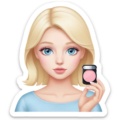 coquette blonde girl with light blue eyes putting pale pink blush on sticker