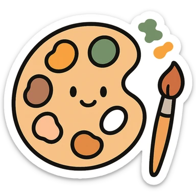 A cute and charming artist’s paint palette with dabs of paint in a warm, cozy color scheme: golden orange (FA9B41), deep forest green (4A7C5C), muted taupe brown (96775A), and pastel peach (FFCC9A). The wooden palette has a soft, rounded shape with a smooth finish, and the paint blobs are arranged neatly like little candy drops. Some splashes of color are playfully smeared nearby, and a tiny paintbrush rests beside the palette. The overall mood is light, artistic, and whimsical, with soft lighting and a gentle, creative atmosphere — perfect for a dreamy, storybook-style illustration. sticker