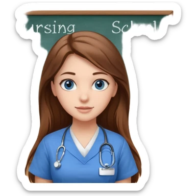 inside a classroom at university that says nursing school on the board with a pretty female nursing student with long brown hair, blue eyes sticker