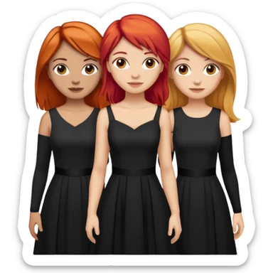 Can you create an image of 3 friends together one with red bright hair light skin one the other with brown hair with some blonde highlights in the hair fair skin the last one with light brown a tint of orange hair and black long hair with brown with dresses dark hair on one sticker