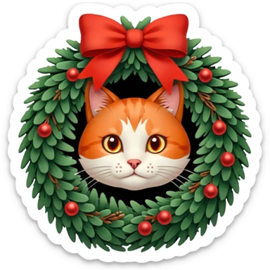 A Christmas wreath made entirely of fir trees, decorated with a red bow at the bottom, pine cones and Christmas tree balls, and a cat poking its face through the hole in the center. sticker