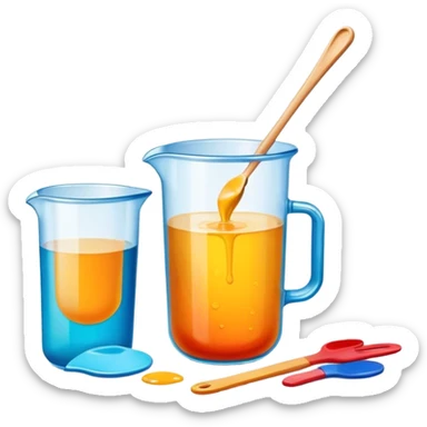 Epoxy resin icon, resin pouring over a surface, visible measuring cups, stirring sticks, and protective gloves, colorful patterns or designs forming as resin hardens, minimalistic style, clean lines, transparent background. sticker