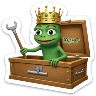 Emoji of an empty wooden coffin with its lid on top, the word ‘ECHO’ carved into the side panel. The coffin is shown from the outside. A king-like Pepe the Frog, standing outside the coffin, is hammering nails into the lid to seal it shut. No character is inside the coffin. Not a treasure chest. sticker