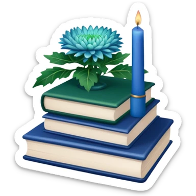A green book stack adorned with blue chrysanthemums and a deep blue candle  sticker