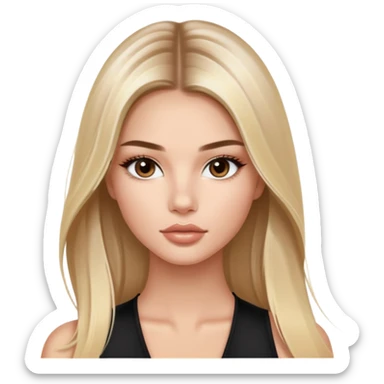 victoria’s secret model with long light blonde straight balayage hair, small dark brown almond eyes, oval face, small lips sticker