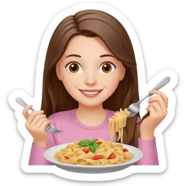 smiling white long brunette hair girl with hazel eyes in light pink with pasta sticker